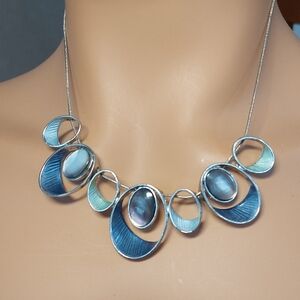 Unique Silvertone 15-17"  Blue Enamel Necklace Abalone